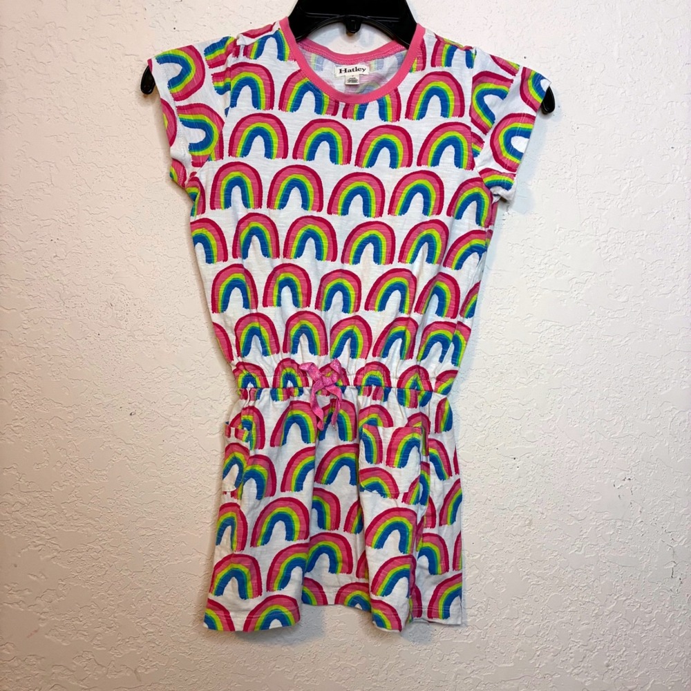 Hatley Kids Girls Size 7 Rainbow Print Cotton T-Shirt Dress White Pink Pockets